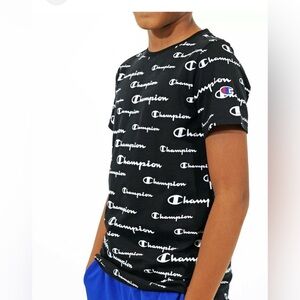 Champion Boys' Short-Sleeve Allover Print Script graphic T-Shirt (Black, large)